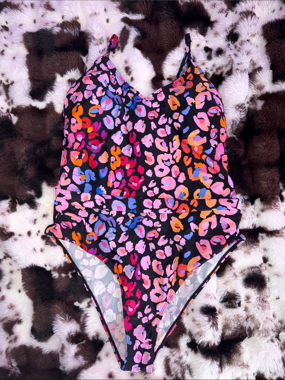 Cupshe Black One-Piece Swimsuit with Pink, Orange & Blue Leopard Print